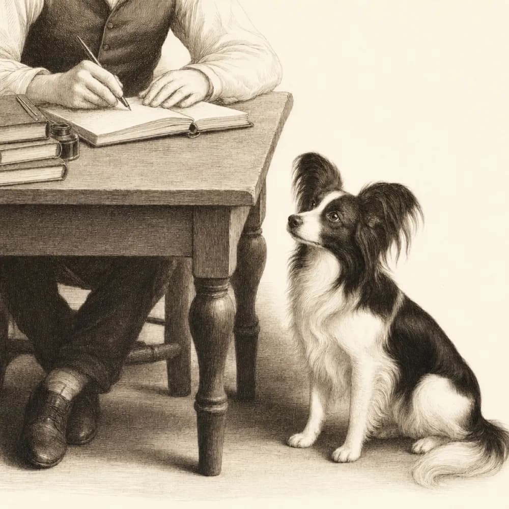 Border Pop watching a person write at a wooden desk