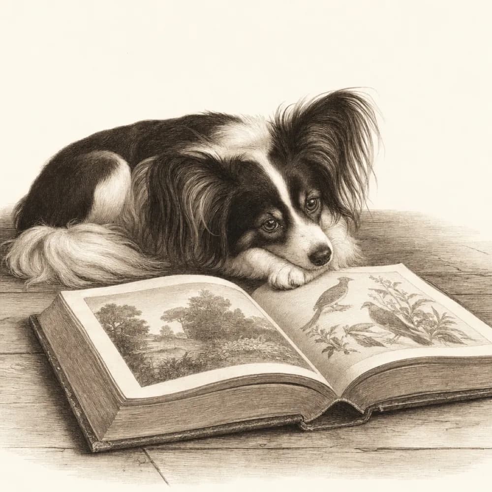 Border Pop resting beside an open leather book