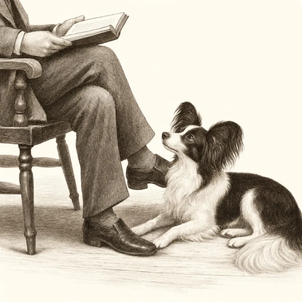 Border Pop dog resting at the feet of a person reading in a wooden chair