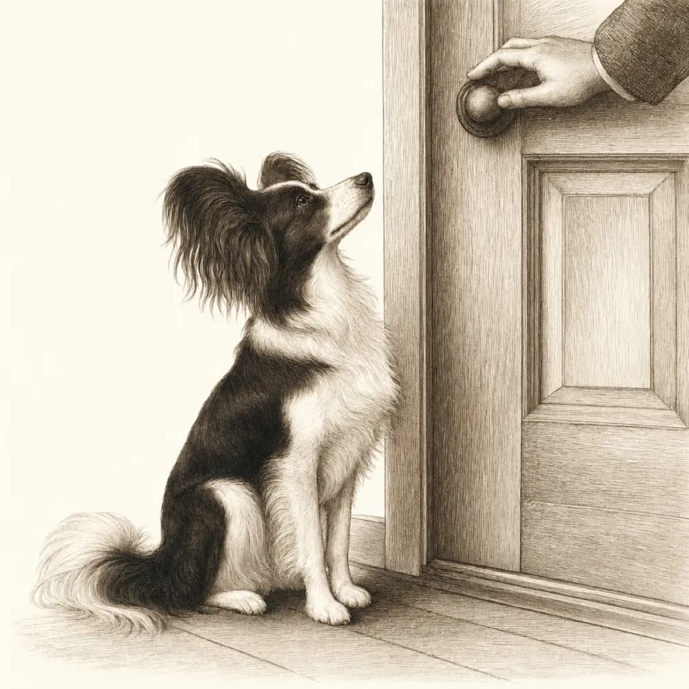 Border Pop sitting at a wooden door, asking permission with eye contact